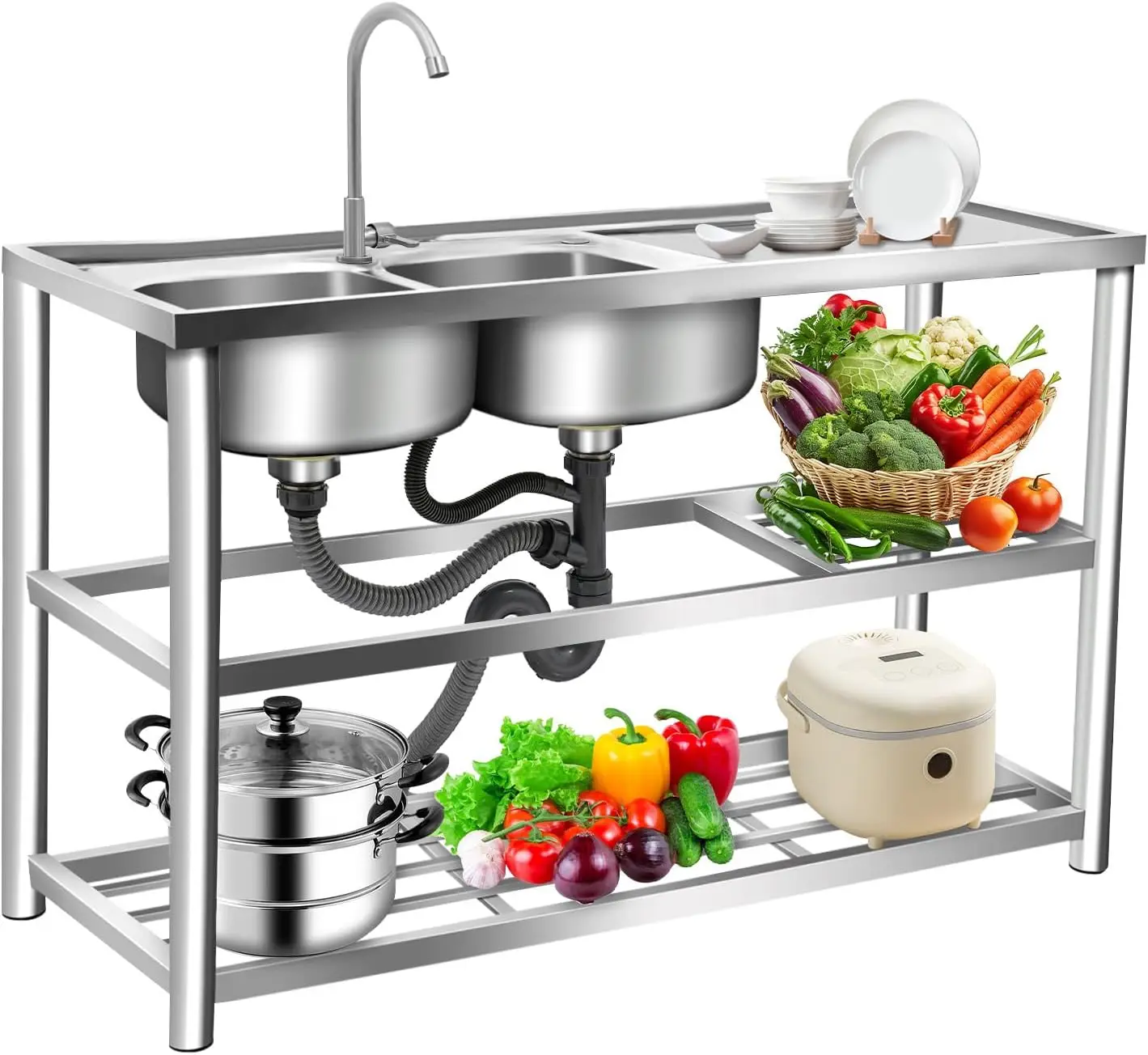 Commercial Kitchen Double Sink - حوض غسيل من الفولاذ المقاوم للصدأ
